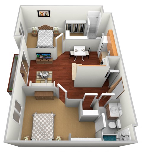a 3d floor plan of a small apartment with a bedroom and living room